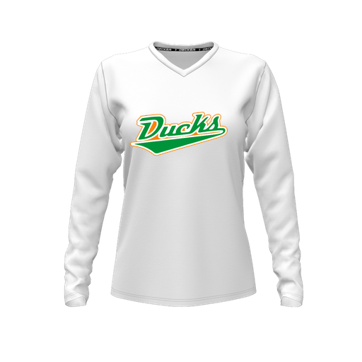 [CUS-DFW-TEES-PER-VNK-LSL-WHT-FYXS-LOGO1] Decker Performance T-Shirt (Female Youth XS, White, V Neck, Logo 1, Long Sleeve)